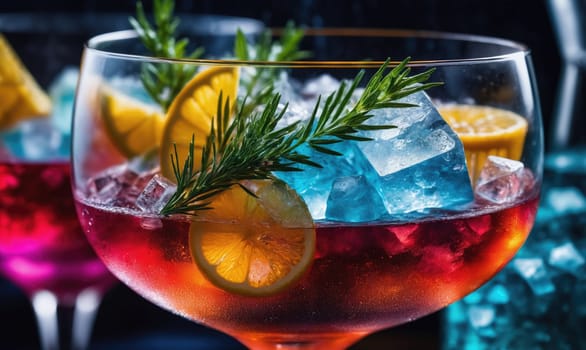A close-up image of a cocktail in a glass with a sprig of rosemary, orange slices, and blue ice cubes. The cocktail is a vibrant red color.