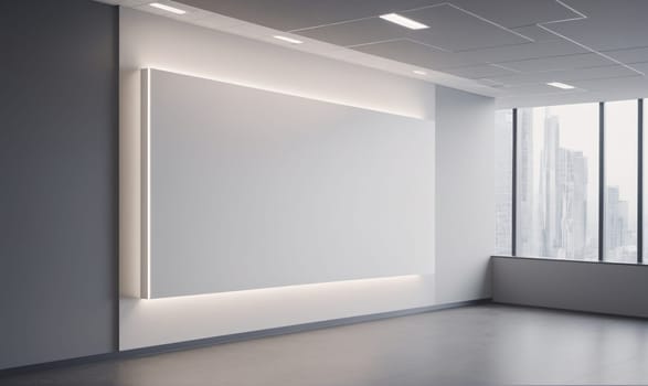 The image shows an empty, modern office space with a large, blank canvas hanging on the wall. The canvas is lit by a thin strip of light running along its bottom edge
