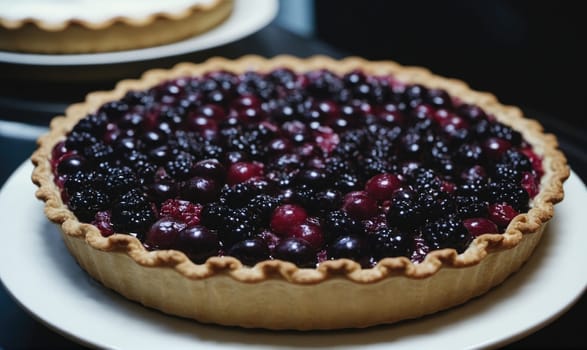 A berry pie with a flaky crust is sitting on a white plate.