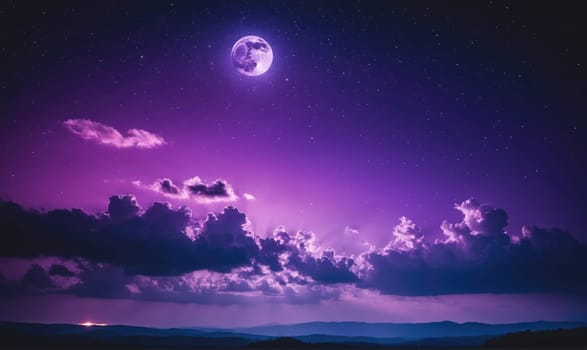 A full moon, glowing with a soft light, hangs in the middle of a purple night sky, surrounded by clouds. The sky is dotted with tiny stars.