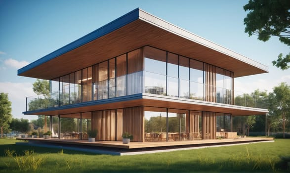 A two-story house with a flat roof and large windows, surrounded by a green lawn. The house is made of wood and glass, and the windows offer a view of the surrounding trees