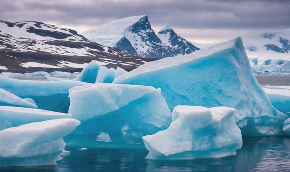 Large icebergs float in a bay, surrounded by mountains. The water is a deep blue and the sky is cloudy.