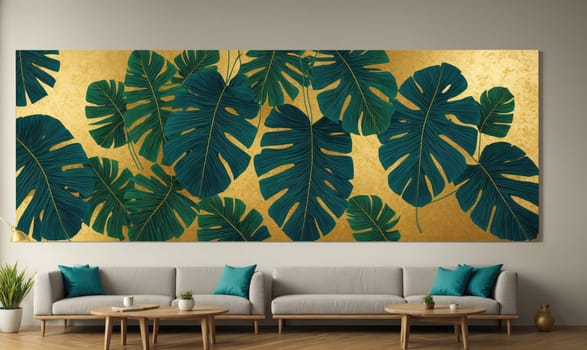 A large canvas with an image of green tropical leaves against a gold background hangs on the wall of a living room. The painting is displayed above a gray couch with teal cushions
