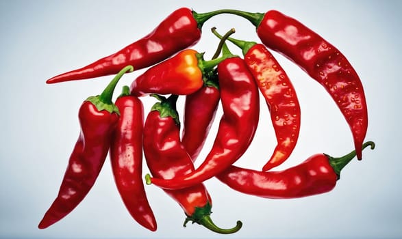 Several red chili peppers are shown arranged in a circle on a light blue background. The peppers are all pointed upwards, with the stems of some of the peppers at the bottom of the circle.