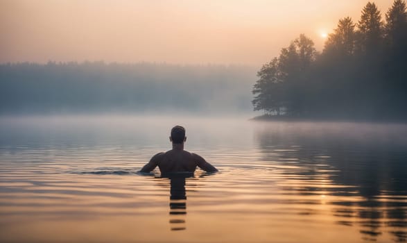 A lone figure swims in a lake, his silhouette visible against the misty morning light. A small island with trees is visible in the distance, shrouded in fog