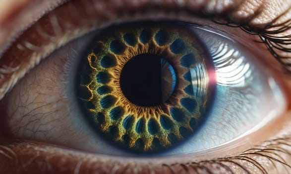 A close-up image of an eye, capturing intricate details of the iris. The iris is blue with a distinctive pattern of dark blue and gold.