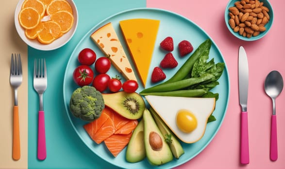 A plate of food arranged in a circle. The food includes kiwi, avocado, broccoli, tomatoes, salmon, cheese, spinach, and a fried egg