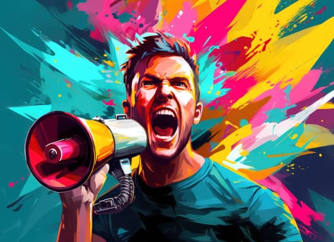 Pop art vector poster of an emotional man with a megaphone