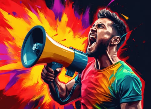 Pop art vector poster of an emotional man with a megaphone