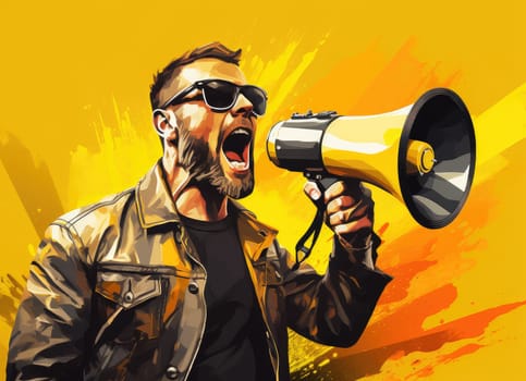 Pop art vector poster of an emotional man with a megaphone