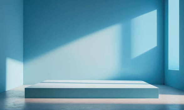 An empty room with blue walls and a large window. A light blue platform sits in the center of the room, bathed in sunlight streaming through the window.