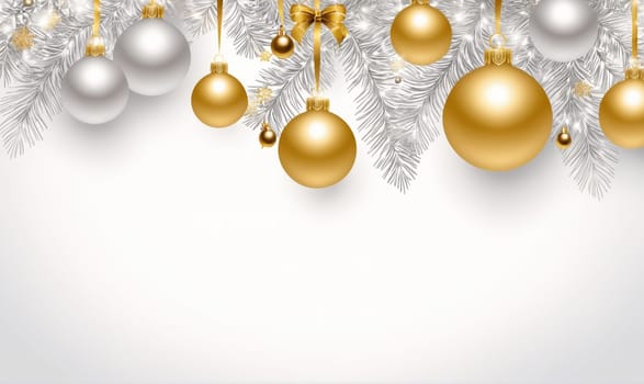 A close-up shot of a garland of white, silver, and gold ornaments hanging from a silver branch. The ornaments are arranged in a diagonal line, with the largest ornament in the bottom right corner