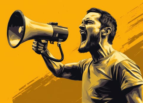 Pop art vector poster of an emotional man with a megaphone
