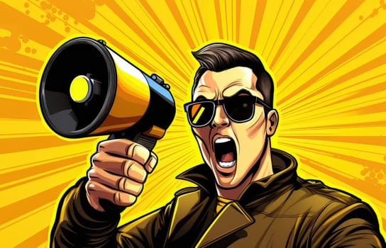 Pop art vector poster of an emotional man with a megaphone