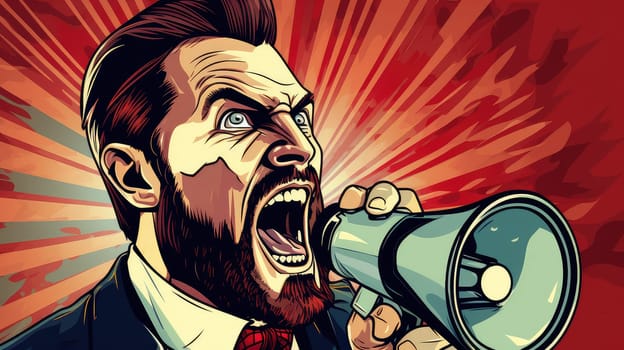 Pop art vector poster of an emotional man with a megaphone