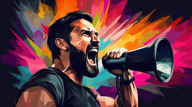 Pop art vector poster of an emotional man with a megaphone