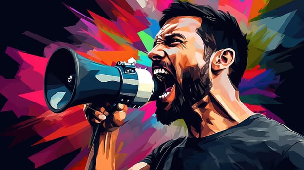 Pop art vector poster of an emotional man with a megaphone
