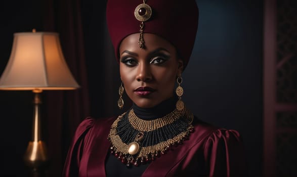 A woman with dark skin and dark hair, wearing a dark red headdress and a gold necklace, is looking directly at the camera. She is wearing dark red clothing