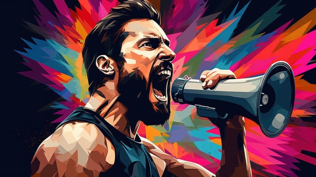 Pop art vector poster of an emotional man with a megaphone