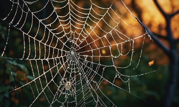 A spider web, draped with glistening dewdrops, is captured in the frame. The web is intricately woven, with a spider resting at its center