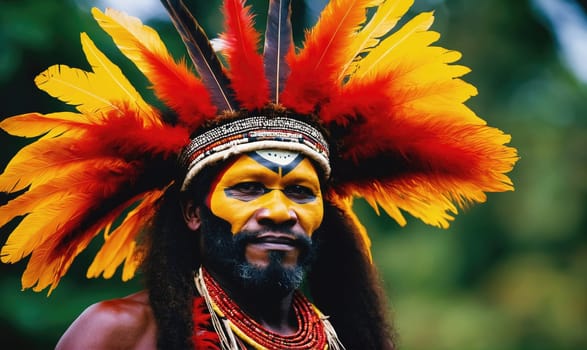 A man with long, dark hair wears a large headdress of red and yellow feathers. He has painted his face yellow with black markings around the eyes and mouth