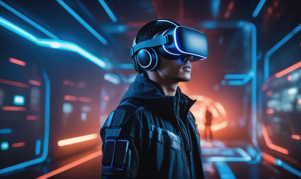 A man is wearing a VR headset and standing in a dimly lit corridor, with glowing blue and orange neon lights illuminating the surrounding walls.