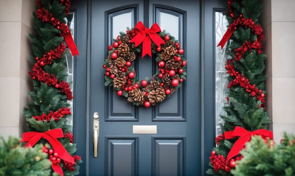 A blue door with a brass handle is decorated with a Christmas wreath made of pine branches, red berries, and pine cones. A large red velvet bow sits on top of the wreath
