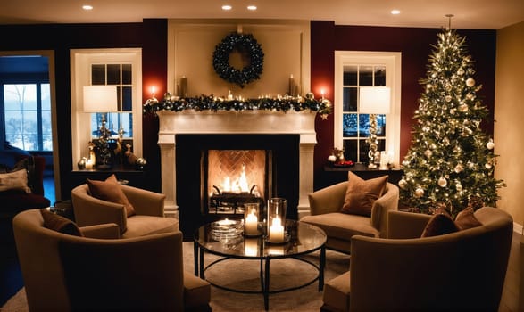 A living room with a lit fireplace and a decorated Christmas tree is seen