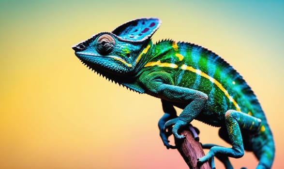 A chameleon, mostly blue and green, perches on a branch against a blurred background. It has yellow stripes along its body.