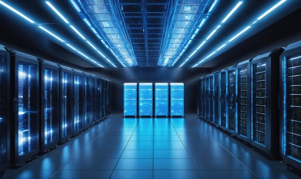 A long corridor in a data center is illuminated by fluorescent lights. Rows of servers stand on either side of the corridor, their lights reflecting on the polished floor.