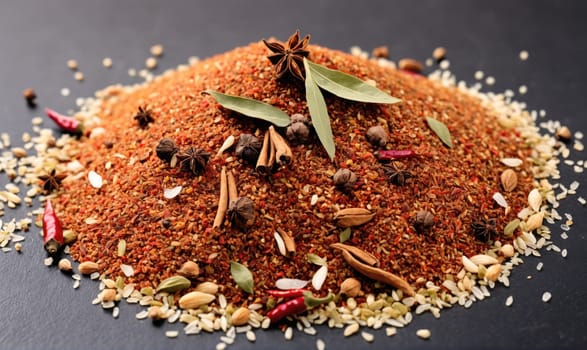 A pile of spices and herbs on a black surface. The spices include cumin, coriander, and chili powder