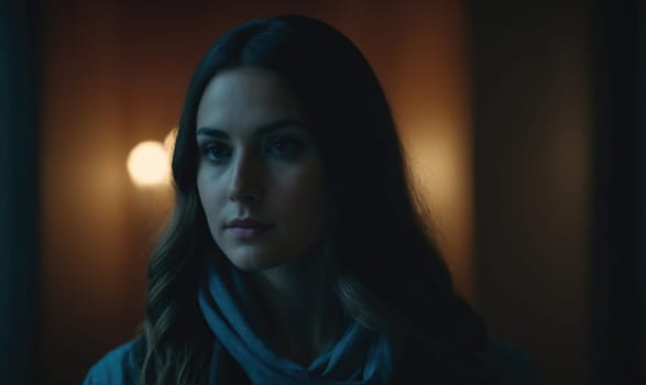 A woman with long, dark hair stands in a dimly lit room. She is wearing a blue sweater and looks focused on something to the side