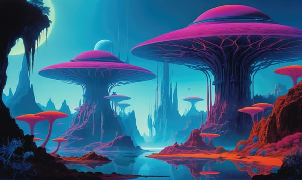 The image shows a colorful alien world with tall, thin, blue-grey rock formations in the background. A river runs through the foreground, reflecting the bright blue sky