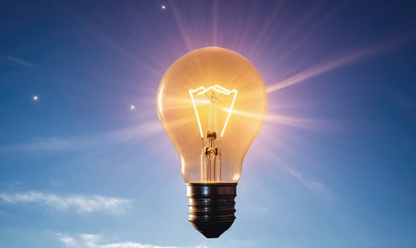 A light bulb is illuminated against a blue sky. The light bulb is glowing brightly, and there are some clouds in the background.