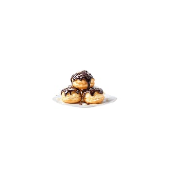 Profiteroles with chocolate sauce and cream puffs stacked high Food and culinary concept. Food isolated on transparent background.
