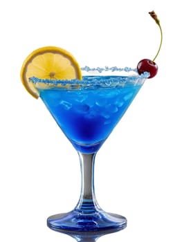 Cura aoan Blue Cura ao with slice of lemon and cherry in cocktail glass. Drink isolated on transparent background.
