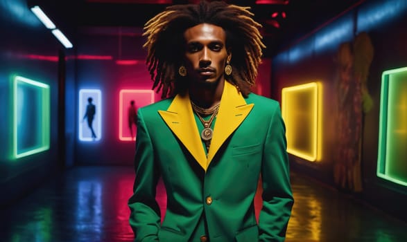 A man with dreadlocks and a green suit with yellow trim walks through a darkened hallway lined with glowing rectangular frames. The frames are illuminated with blue, red, and yellow neon lights