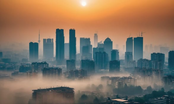 The sun rises over a city skyline, with tall buildings silhouetted against a hazy orange sky. The city is covered in a layer of fog, giving it a dreamy and ethereal atmosphere.