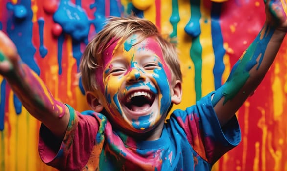 A young boy with blond hair is covered in paint, including his face. He is wearing a blue t-shirt with a red undershirt showing