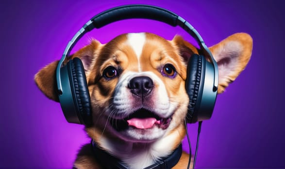 A close-up of a dog's face with large headphones on its ears. The dog is looking directly at the camera with a wide, happy smile. The background is a vibrant purple.