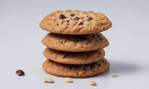 Four chocolate chip oatmeal cookies are stacked on top of each other. The cookies are a light brown color and have visible chocolate chips. The cookies are sitting on a light blue surface