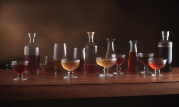 A wooden table with several pieces of glassware arranged on its surface. The glassware includes tall decanters, smaller glasses, and a single teacup