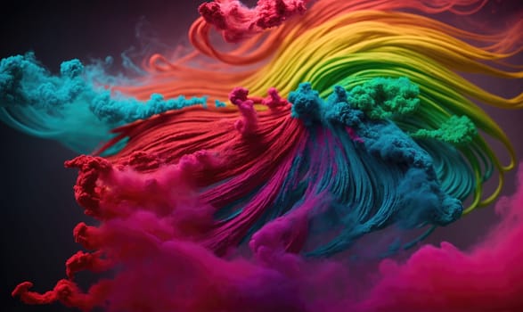 Colorful ink in hues of red, orange, yellow, green, blue, and purple mixes together, creating a swirling abstract pattern against a dark background.