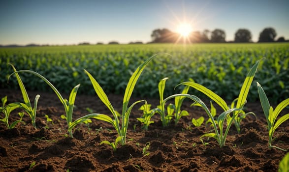 A close-up view of several corn plants growing in a field. The soil is dark brown and the plants are green and healthy. The sun is setting in the background, creating a warm glow over the scene.