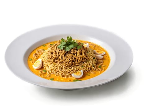Khao soi with spicy coconut milk soup egg noodles and protein on clean white surface. Food isolated on transparent background.