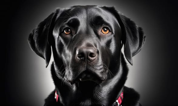 A black Labrador Retriever dog, wearing a red collar, is looking directly at the viewer with a serious expression. The dog's fur is black and glossy, and its eyes are brown.