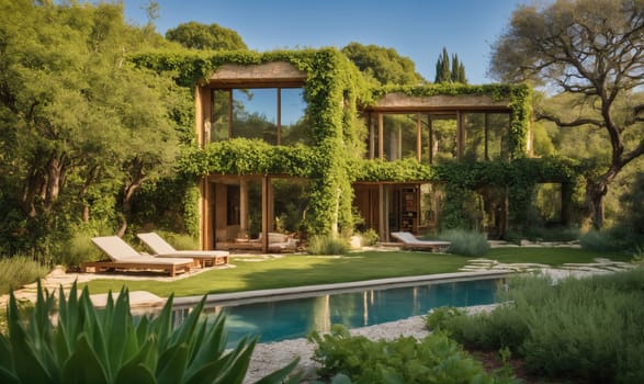A modern house with large windows is surrounded by green trees and shrubs. The house is covered in ivy and has a swimming pool in front of it