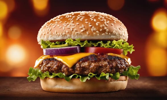 A large cheeseburger with a sesame seed bun, lettuce, tomato, onion, and melted cheese sits on a wooden table. The background is a blurred image of warm yellow lights.