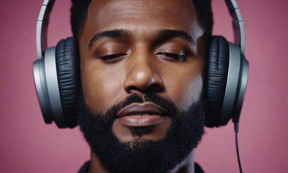 A man is listening to music through headphones. He is standing in front of a pink background. The man has a beard and is wearing a black shirt.