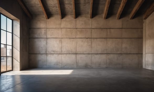 A large, empty room with a concrete floor and walls. The ceiling is made of exposed wooden beams. A large window with a black frame is on the left side of the room, letting in natural light